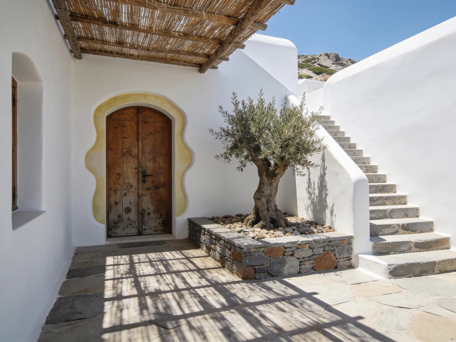 A whitewashed court with an old olive tree in a stone bed, a weathered oak door in an ochre surround and a stone stair climbing to the roof.
