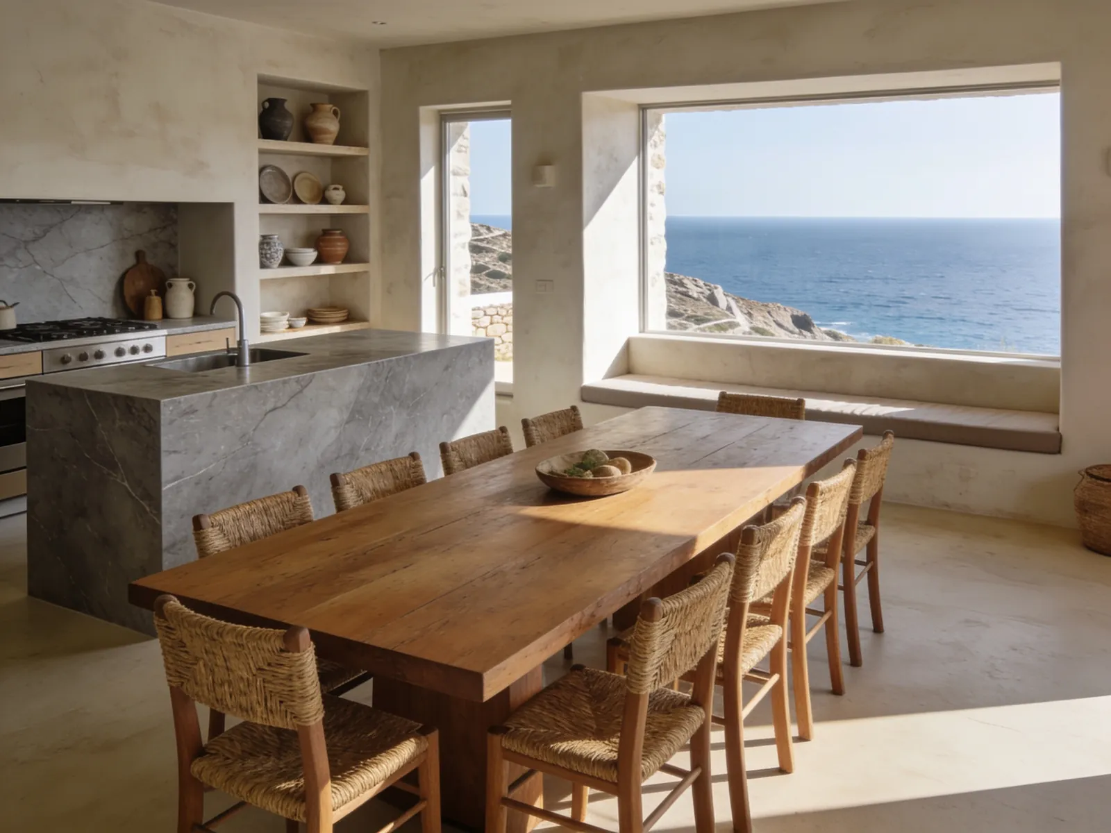 A kitchen with a long oak table and rush chairs, a grey marble island, ceramics on plaster shelves and a wide window seat facing the sea.