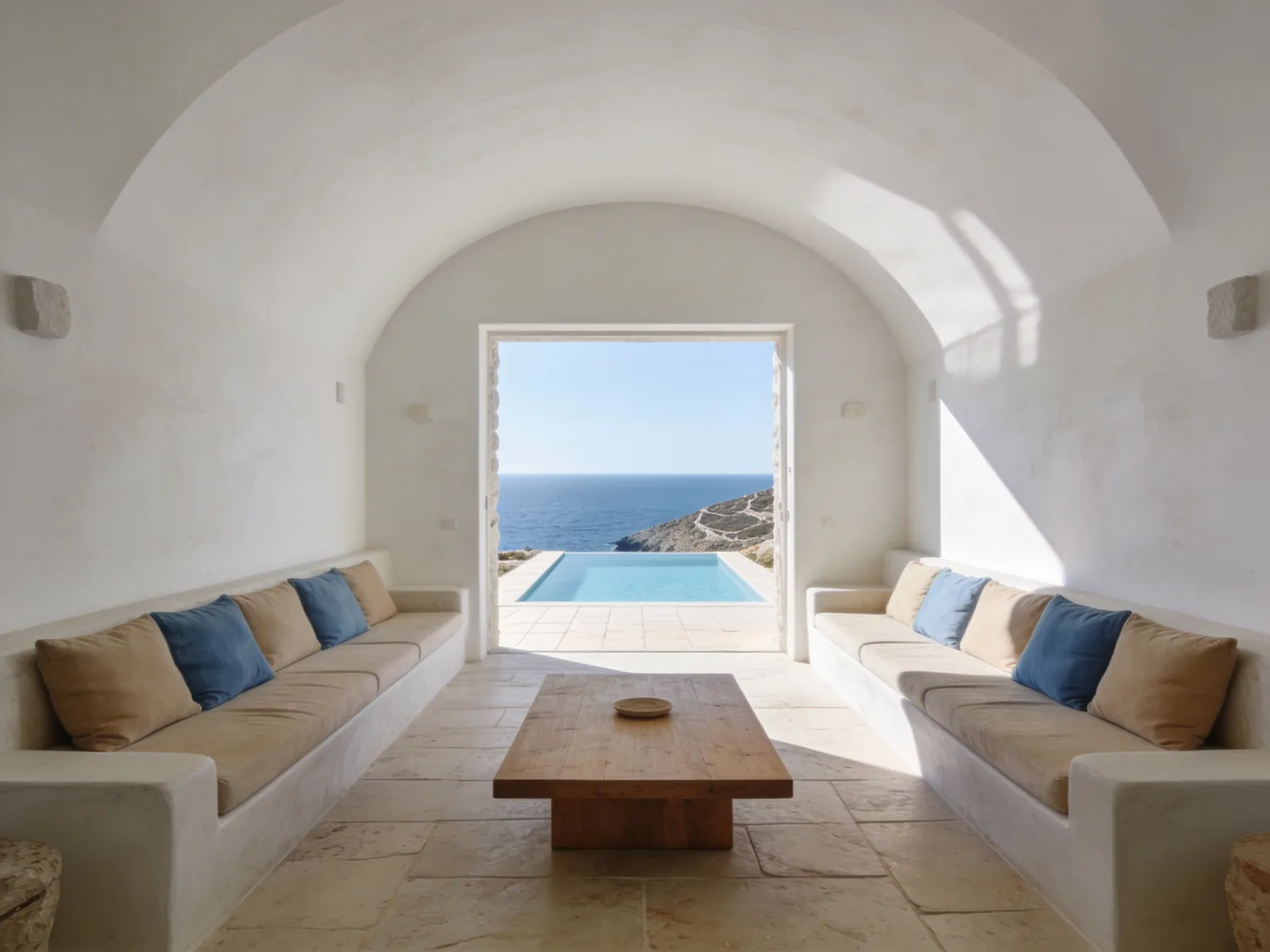 A long barrel-vaulted living room with plaster benches on both walls, sand and indigo cushions, an oak table and a wide opening onto the pool and the sea.