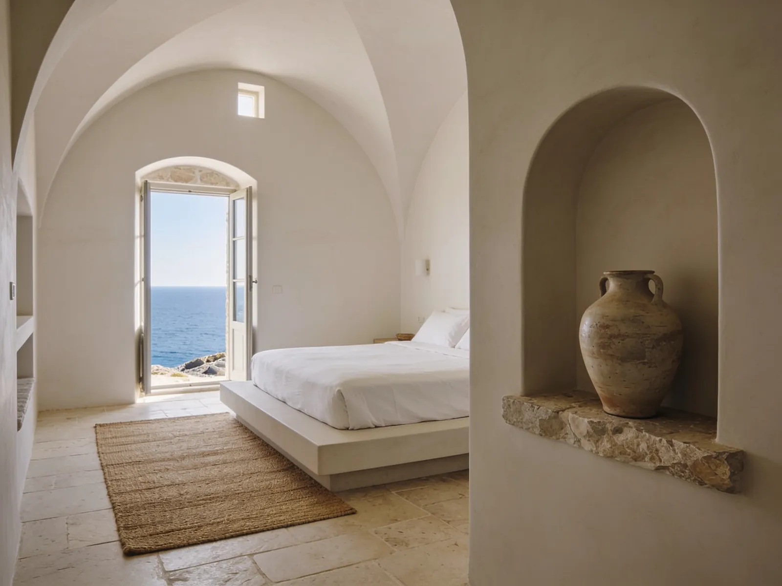 A vaulted bedroom with a low white bed facing an arched glass door to the sea, a jute rug and a clay jar in a stone niche.