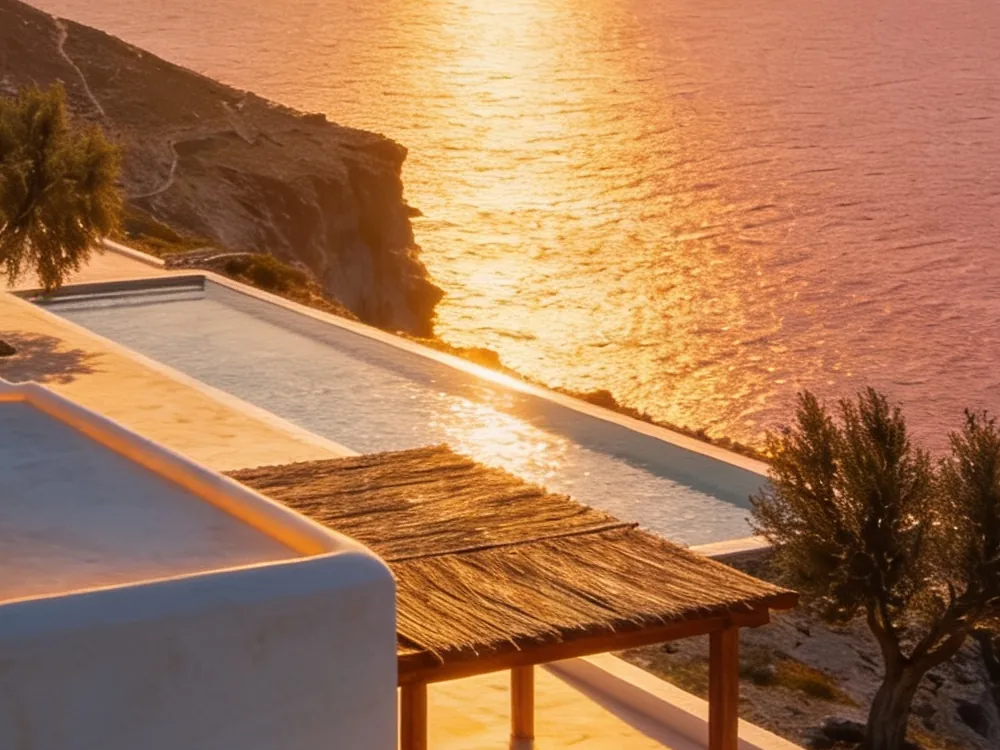 The reed pergola and the infinity pool at sunset, the sea gold below the cliff.